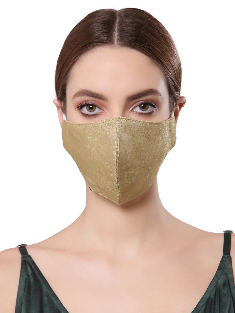 Anekaant   Ply Greenish Gold Faux Silk Botanical Printed Fabric Fashion Mask