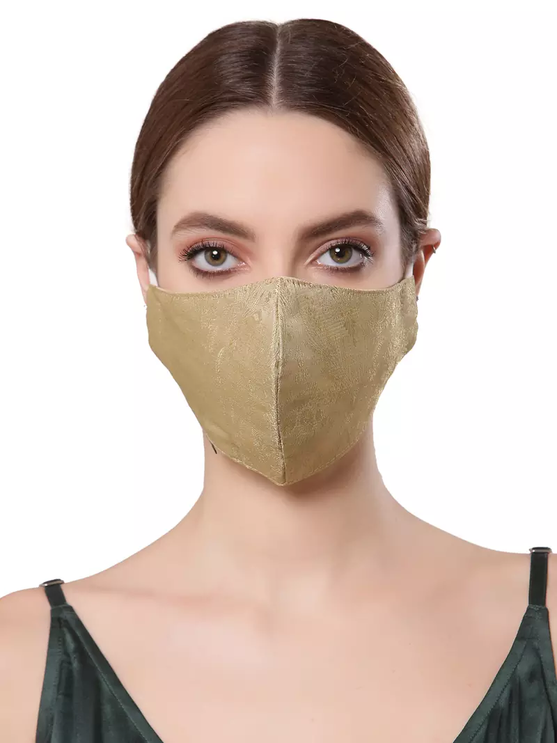 Anekaant   Ply Greenish Gold Faux Silk Botanical Printed Fabric Fashion Mask