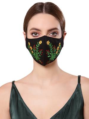   Ply Black & Multi Cotton Foliage Embroidered Fabric Fashion Mask 1