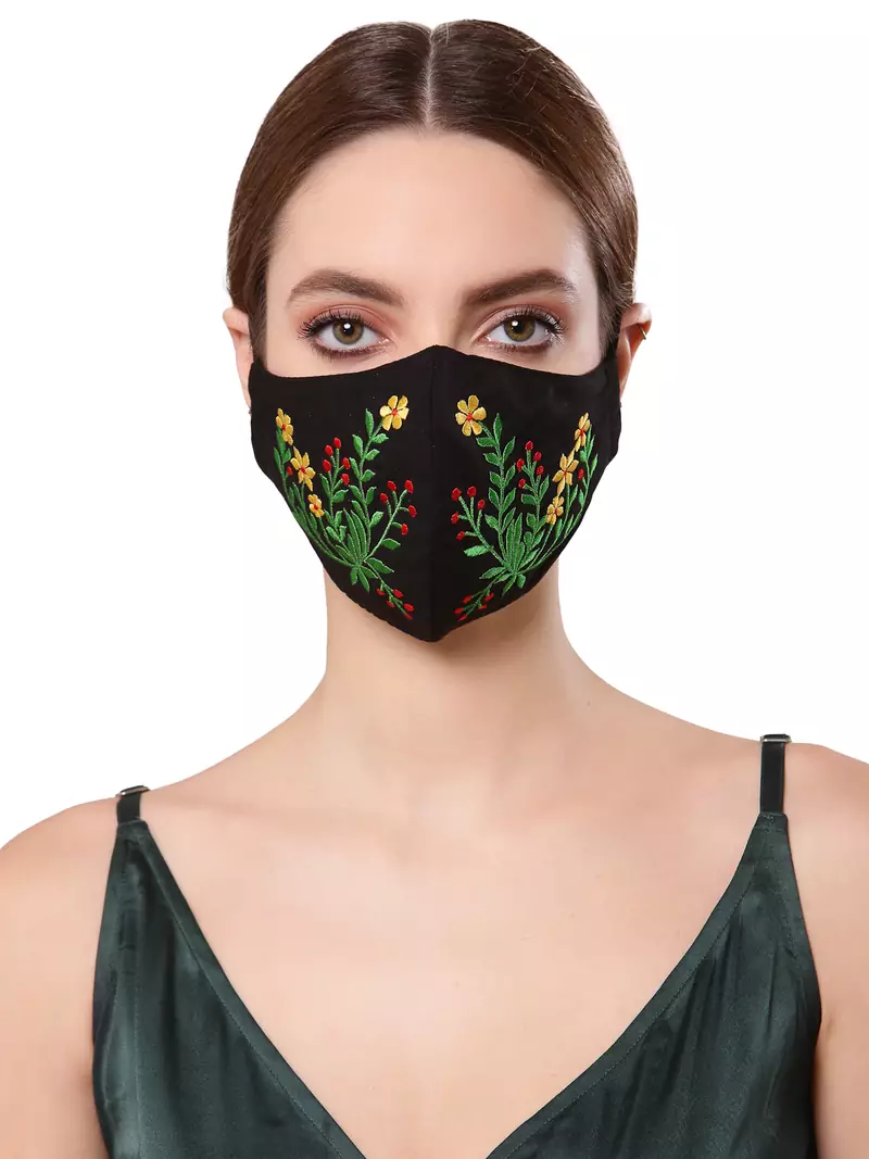 Anekaant   Ply Black & Multi Cotton Foliage Embroidered Fabric Fashion Mask