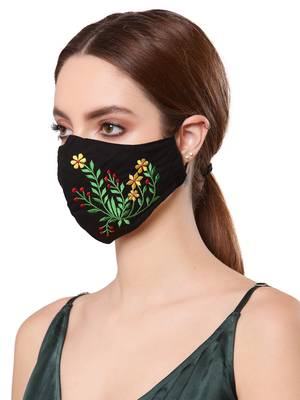   Ply Black & Multi Cotton Foliage Embroidered Fabric Fashion Mask 2