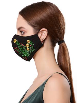   Ply Black & Multi Cotton Foliage Embroidered Fabric Fashion Mask 3