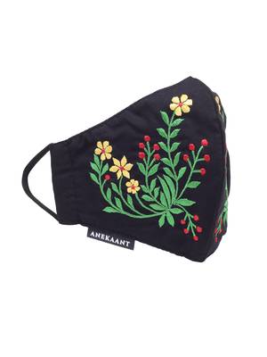   Ply Black & Multi Cotton Foliage Embroidered Fabric Fashion Mask 4