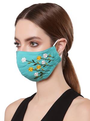   Ply Turquoise Blue & Multi Cotton Foliage Embroidered Fabric Fashion Mask 1