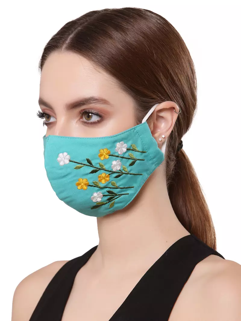 Anekaant   Ply Turquoise Blue & Multi Cotton Foliage Embroidered Fabric Fashion Mask