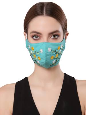   Ply Turquoise Blue & Multi Cotton Foliage Embroidered Fabric Fashion Mask 2