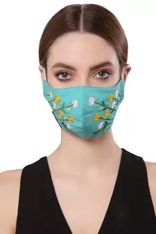   Ply Turquoise Blue & Multi Cotton Foliage Embroidered Fabric Fashion Mask