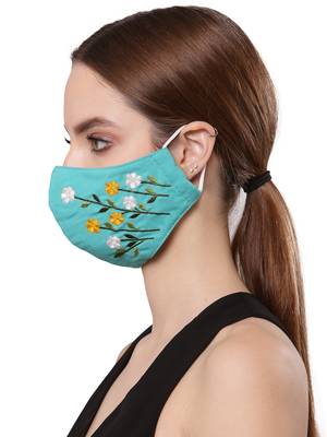   Ply Turquoise Blue & Multi Cotton Foliage Embroidered Fabric Fashion Mask 3