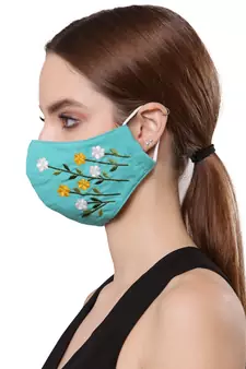   Ply Turquoise Blue & Multi Cotton Foliage Embroidered Fabric Fashion Mask