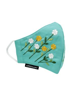   Ply Turquoise Blue & Multi Cotton Foliage Embroidered Fabric Fashion Mask 4
