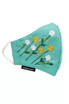   Ply Turquoise Blue & Multi Cotton Foliage Embroidered Fabric Fashion Mask