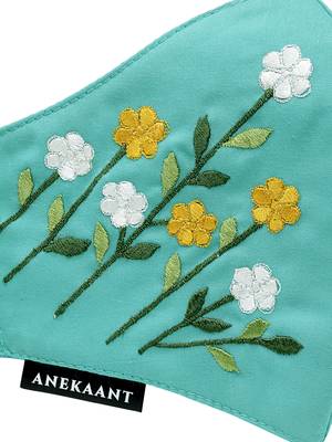   Ply Turquoise Blue & Multi Cotton Foliage Embroidered Fabric Fashion Mask 6
