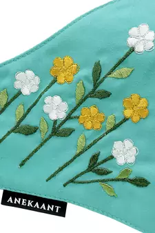   Ply Turquoise Blue & Multi Cotton Foliage Embroidered Fabric Fashion Mask
