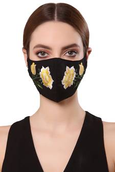   Ply Black & Yellow Cotton Floral Embroidered Fabric Fashion Mask
