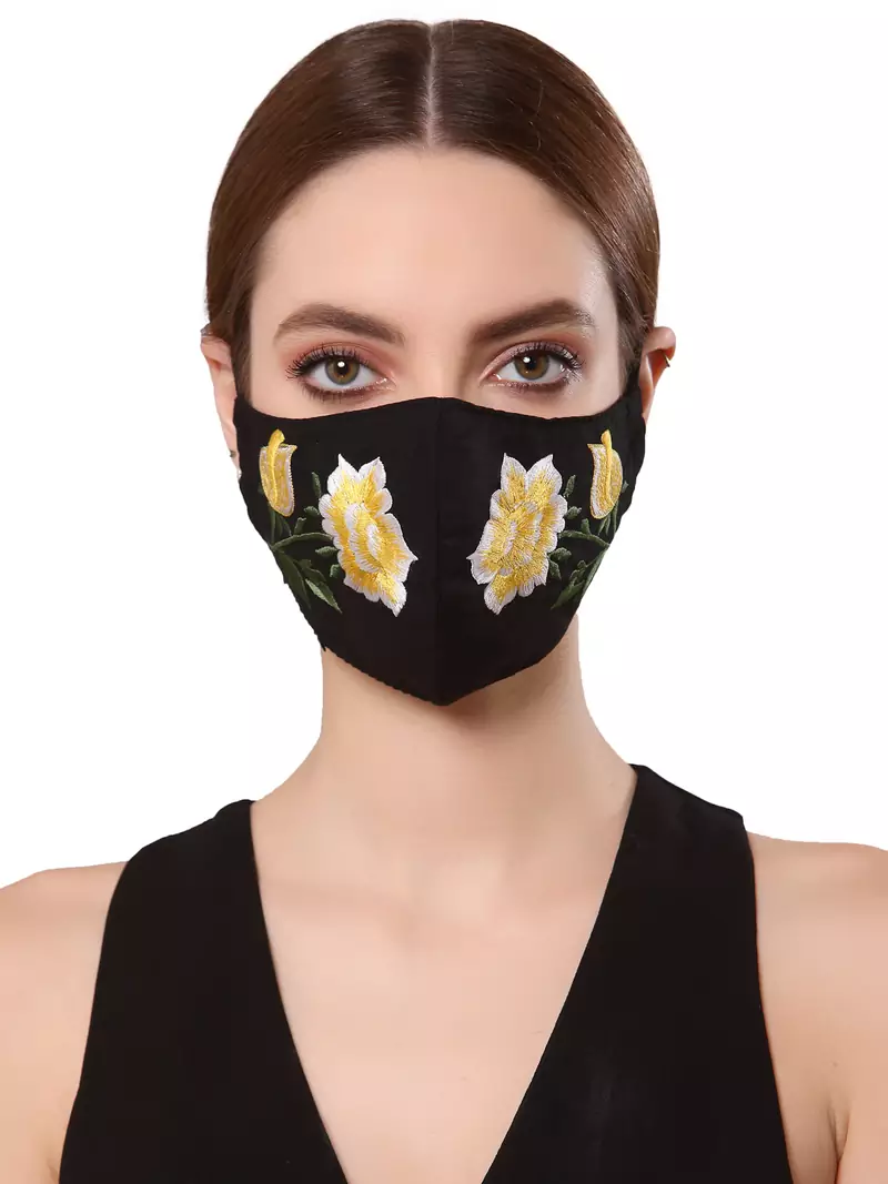 Anekaant   Ply Black & Yellow Cotton Floral Embroidered Fabric Fashion Mask