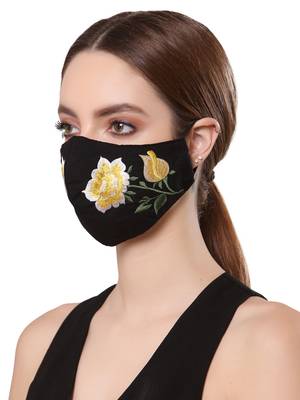   Ply Black & Yellow Cotton Floral Embroidered Fabric Fashion Mask 2
