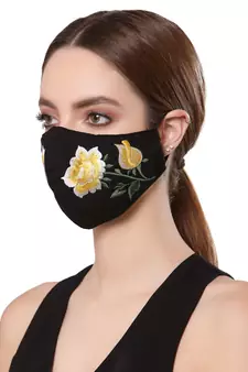   Ply Black & Yellow Cotton Floral Embroidered Fabric Fashion Mask