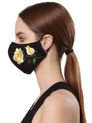   Ply Black & Yellow Cotton Floral Embroidered Fabric Fashion Mask 3