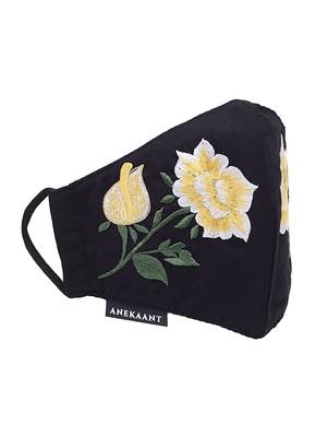  Ply Black & Yellow Cotton Floral Embroidered Fabric Fashion Mask 4