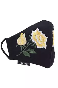  Ply Black & Yellow Cotton Floral Embroidered Fabric Fashion Mask