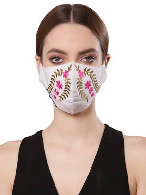  Ply White & Pink Cotton Foliage Embroidered Fabric Fashion Mask 1