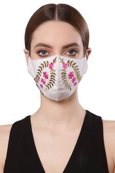   Ply White & Pink Cotton Foliage Embroidered Fabric Fashion Mask