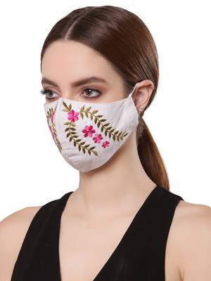   Ply White & Pink Cotton Foliage Embroidered Fabric Fashion Mask 2