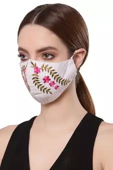   Ply White & Pink Cotton Foliage Embroidered Fabric Fashion Mask