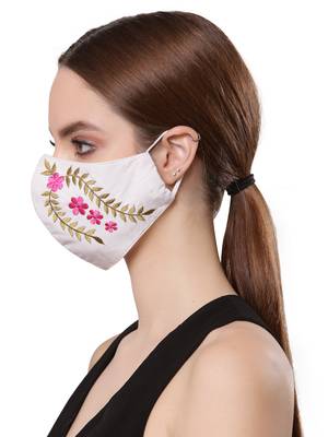   Ply White & Pink Cotton Foliage Embroidered Fabric Fashion Mask 3