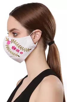   Ply White & Pink Cotton Foliage Embroidered Fabric Fashion Mask