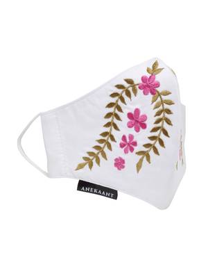   Ply White & Pink Cotton Foliage Embroidered Fabric Fashion Mask 4