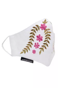   Ply White & Pink Cotton Foliage Embroidered Fabric Fashion Mask