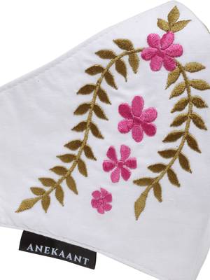   Ply White & Pink Cotton Foliage Embroidered Fabric Fashion Mask 6