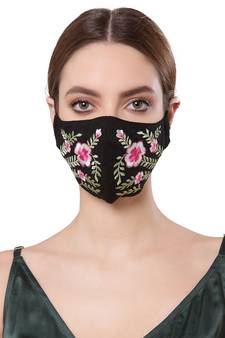   Ply Black & Multi Cotton Foliage Embroidered Fabric Fashion Mask