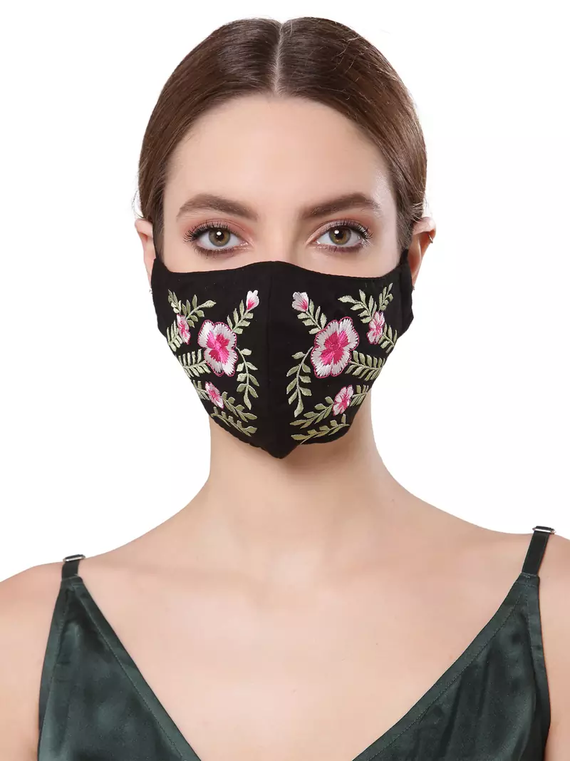 Anekaant   Ply Black & Multi Cotton Foliage Embroidered Fabric Fashion Mask