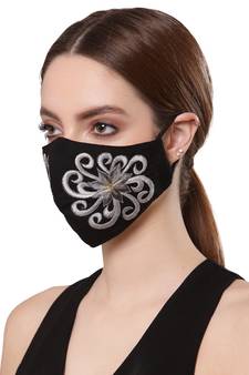   Ply Black & Silver Cotton Foliage Embroidered Fabric Fashion Mask