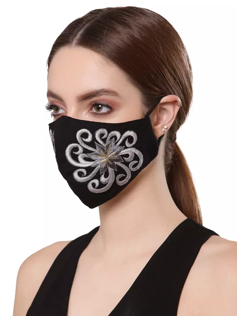 Anekaant   Ply Black & Silver Cotton Foliage Embroidered Fabric Fashion Mask