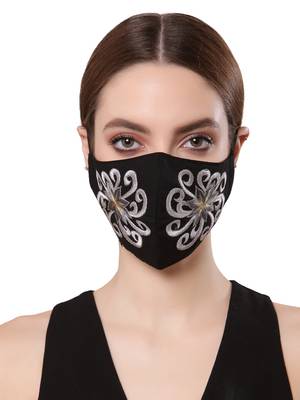  Ply Black & Silver Cotton Foliage Embroidered Fabric Fashion Mask 2