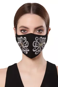   Ply Black & Silver Cotton Foliage Embroidered Fabric Fashion Mask