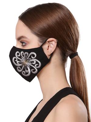   Ply Black & Silver Cotton Foliage Embroidered Fabric Fashion Mask 3