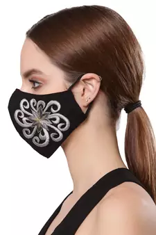   Ply Black & Silver Cotton Foliage Embroidered Fabric Fashion Mask