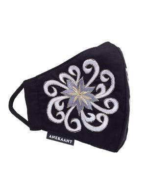   Ply Black & Silver Cotton Foliage Embroidered Fabric Fashion Mask 4