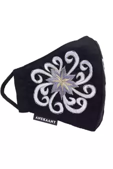   Ply Black & Silver Cotton Foliage Embroidered Fabric Fashion Mask