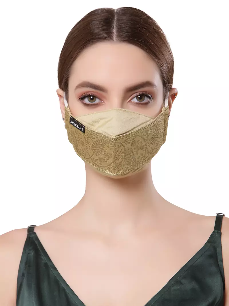 Anekaant   Ply Gold Faux Silk Foliage Embellished Fabric Fashion Mask