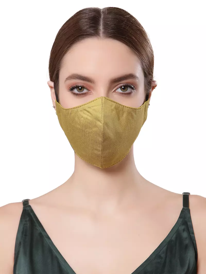 Anekaant   Ply Mehandi Green Faux Silk Solid Shimmer Fabric Fashion Mask