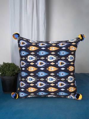 Chintz Black & Multi Color Polycotton Damask Digital Printed Cushion Cover with Pom Poms (16x16 inch) 1
