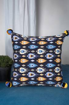 Chintz Black & Multi Color Polycotton Damask Digital Printed Cushion Cover with Pom Poms (16x16 inch)