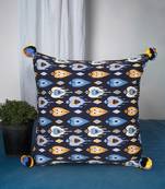 Chintz Black & Multi Color Polycotton Damask Digital Printed Cushion Cover with Pom Poms (16x16 inch)