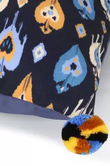 Chintz Black & Multi Color Polycotton Damask Digital Printed Cushion Cover with Pom Poms (16x16 inch)