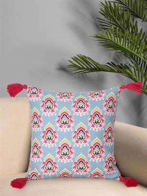Chintz Grey & Multi Color Polycotton Damask Digital Printed Cushion Cover with Tassels (16x16 inch) 1